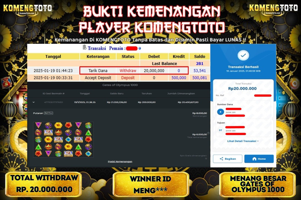LAGI & LAGI!! KEMENANGAN BESAR DI SLOT  GATES OF OLYMPUS 1000  SEBESAR Rp.20.000.000 KOMENGTOTO BAYAR LUNAS SECEPAT KILAT !! KOMENGTOTO BAYAR SECEPAT KILAT !!