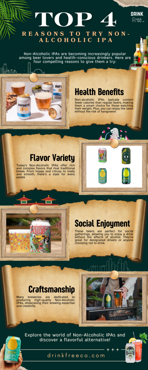 Non-Alcoholic IPAs are becoming increasingly popular among beer lovers and health-conscious drinkers. Here are four compelling reasons to give them a try:

Health Benefits: Non-alcoholic IPAs typically contain fewer calories than regular beers, making them a smart choice for those watching their weight. Plus, you can enjoy the taste without the risk of hangovers!

Flavor Variety: Today’s Non-Alcoholic IPAs offer rich and complex flavors that rival traditional brews. 
From hoppy and citrusy to malty and smooth, there’s a style for every palate.

Social Enjoyment: These beers are perfect for social gatherings, allowing you to enjoy a drink without the effects of alcohol. They’re great for designated drivers or anyone choosing not to drink.

Craftsmanship: Many breweries are dedicated to producing high-quality Non-Alcoholic IPAs, showcasing their brewing expertise and creativity.

Explore the world of Non-Alcoholic IPAs and discover a flavorful alternative!

Visit:- https://drinkfreeco.com/collections/ipa