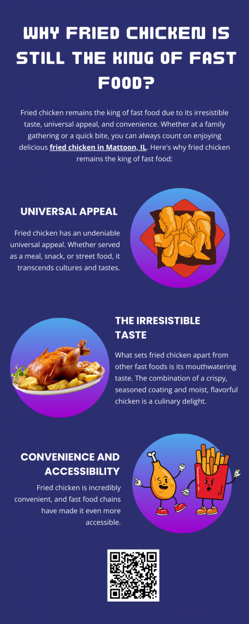 Fried chicken remains the king of fast food due to its irresistible taste, universal appeal, and convenience. Its crispy, seasoned exterior and tender interior offer a satisfying combination of textures and flavors. Affordable and versatile, it can be enjoyed in various forms and paired with a range of sides. Whether at a family gathering or a quick bite, you can always count on enjoying delicious fried chicken in Mattoon, IL. To know more visit here https://www.niemanns.com/stores/mattoon-illinois-61938/
