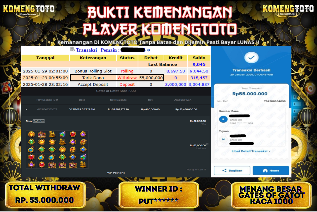 LAGI & LAGI!! KEMENANGAN BESAR DI SLOT  GATES OF GATOT KACA  1000  SEBESAR Rp.55.000.000 KOMENGTOTO BAYAR LUNAS SECEPAT KILAT !! KOMENGTOTO BAYAR SECEPAT KILAT !!