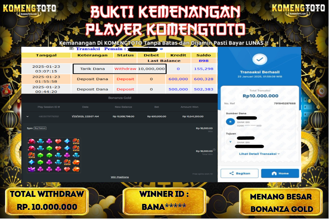 LAGI & LAGI!! KEMENANGAN BESAR DI SLOT  BONANZA GOLD  SEBESAR Rp.10.000.000 KOMENGTOTO BAYAR LUNAS SECEPAT KILAT !! KOMENGTOTO BAYAR SECEPAT KILAT !!