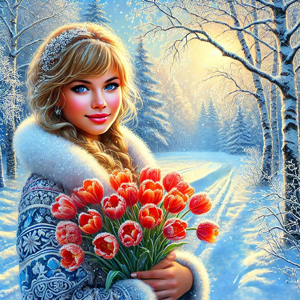 Happy Tatianas day, A beautiful Russian young woman stands in the snow, a bright winter day, snow, f