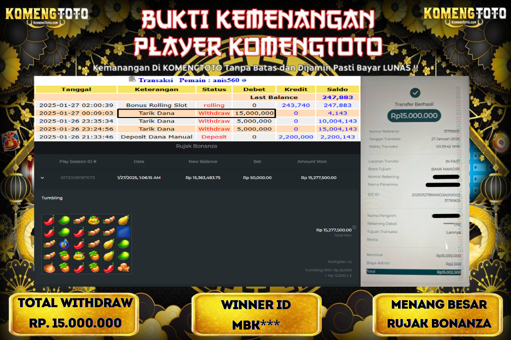 LAGI & LAGI!! KEMENANGAN BESAR DI SLOT  RUJAK BONANZA   SEBESAR Rp.15.000.000 KOMENGTOTO BAYAR LUNAS SECEPAT KILAT !! KOMENGTOTO BAYAR SECEPAT KILAT !!