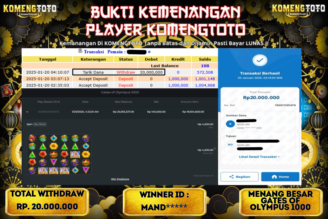 LAGI & LAGI!! KEMENANGAN BESAR DI SLOT  GATES OF OLYMPUS 1000  SEBESAR Rp.20.000.000 KOMENGTOTO BAYAR LUNAS SECEPAT KILAT !! KOMENGTOTO BAYAR SECEPAT KILAT !!