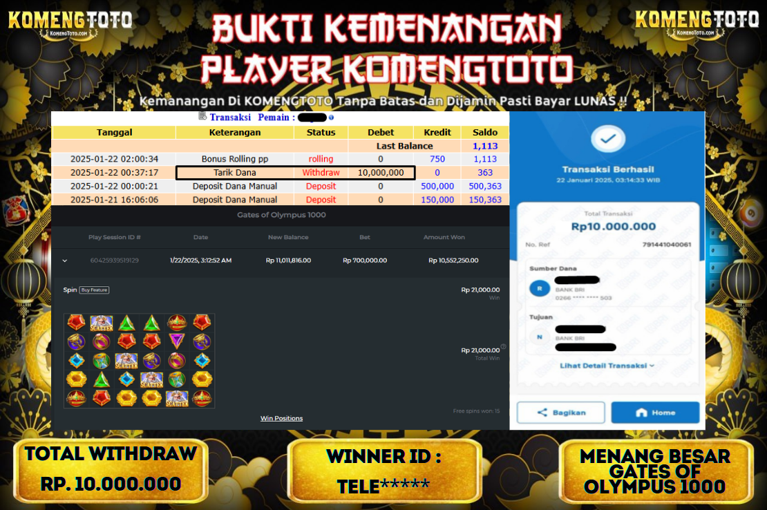LAGI & LAGI!! KEMENANGAN BESAR DI SLOT  GATES OF OLYMPUS 1000  SEBESAR Rp.10.000.000 KOMENGTOTO BAYAR LUNAS SECEPAT KILAT !! KOMENGTOTO BAYAR SECEPAT KILAT !!
