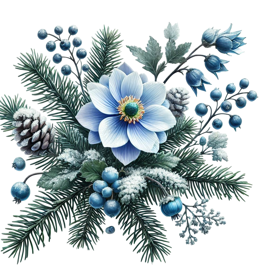 a beautiful blue and white flower, a fir twig, juniper berries, lightly dusted with snow, conveys al