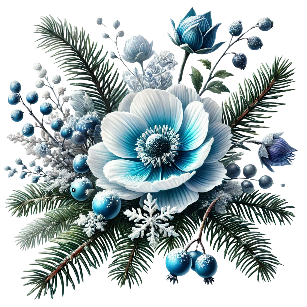 a beautiful blue and white flower, a fir twig, juniper berries, lightly dusted with snow, conveys al