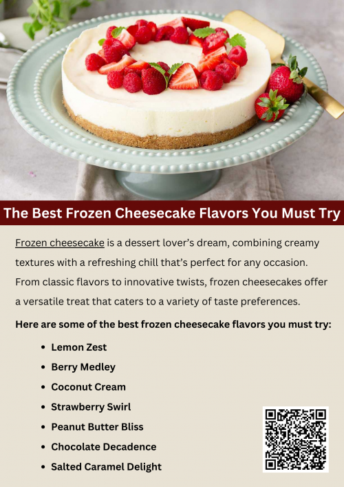 Frozen cheesecake offers a variety of irresistible flavors to satisfy any dessert craving. Classic options like strawberry swirl deliver timeless appeal, while salted caramel and chocolate decadence provide indulgent treats. For a refreshing twist, try lemon zest or key lime. Adventurous choices like peanut butter or coconut cream add a unique flair. Whether you prefer fruity, rich, or tropical flavors, there’s a frozen cheesecake to delight every palate. To know more visit here https://cravnflavor.com/product/cravn-flavor-new-york-style-classic-cheesecake-24-oz/