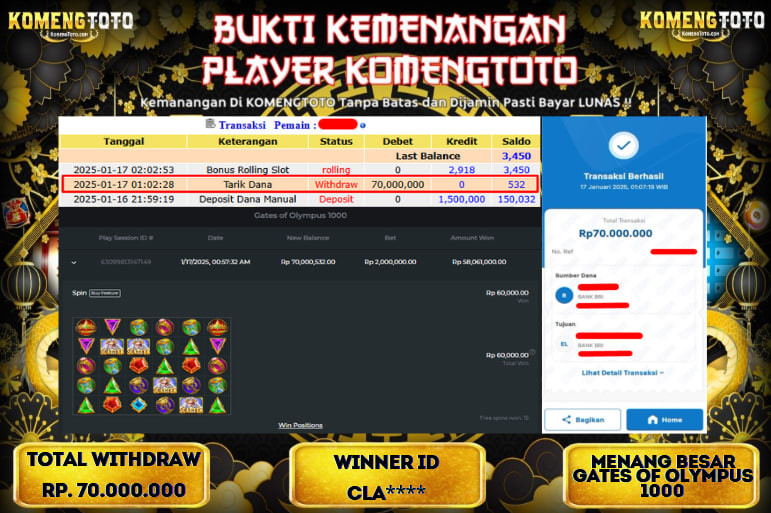 LAGI & LAGI!! KEMENANGAN BESAR DI SLOT  GATES OF OLYMPUS 1000  SEBESAR Rp.70.000.000 KOMENGTOTO BAYAR LUNAS SECEPAT KILAT !! KOMENGTOTO BAYAR SECEPAT KILAT !!