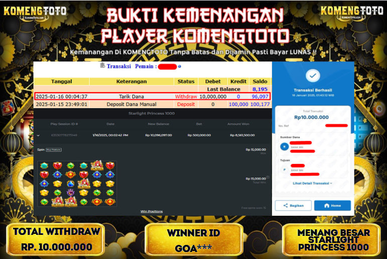 LAGI & LAGI!! KEMENANGAN BESAR DI SLOT  STARLIGHT PRINCES 1000  SEBESAR Rp.10.000.000 KOMENGTOTO BAYAR LUNAS SECEPAT KILAT !! KOMENGTOTO BAYAR SECEPAT KILAT !!