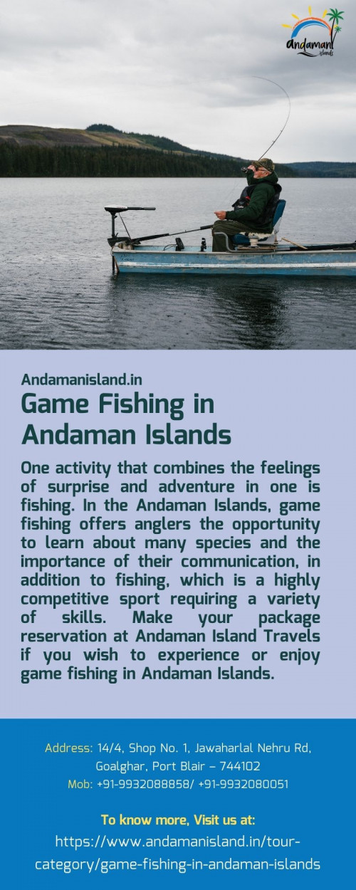 One activity that combines the feelings of surprise and adventure in one is fishing. In the Andaman Islands, game fishing offers anglers the opportunity to learn about many species and the importance of their communication, in addition to fishing, which is a highly competitive sport requiring a variety of skills. Make your package reservation at Andaman Island Travels if you wish to experience or enjoy game fishing in Andaman Islands.
For more info visit us at: https://www.andamanisland.in/tour-category/game-fishing-in-andaman-islands