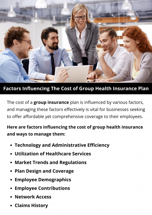 The cost of a group insurance plan is influenced by factors such as the number of employees, the geographic location of the business, the age and health status of employees, plan coverage and options, and the employer's contribution. Other factors include the industry, employee demographics, and the insurance carrier's pricing structure. To know more visit here https://www.capbluecross.com/wps/portal/cap/employer/shop-group-plans