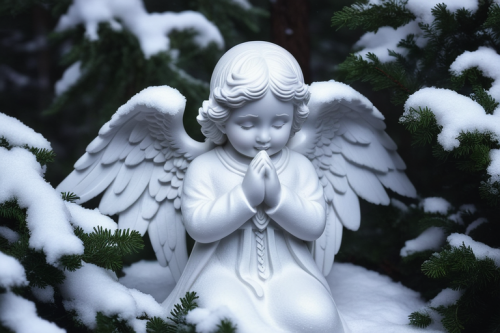 a beautiful angel made of snow in the forest 885616250