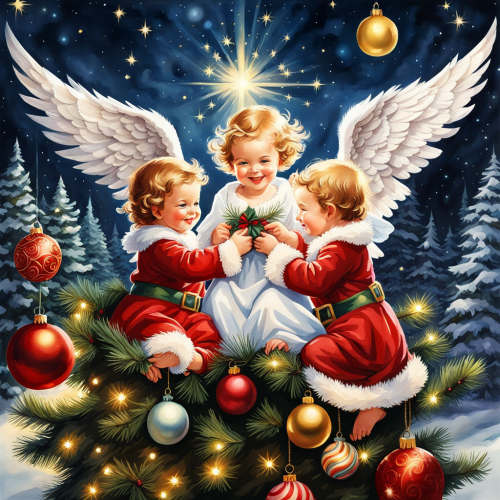 christmas landscape beautiful angel babies smiling flying in the air on both sides of the christmas