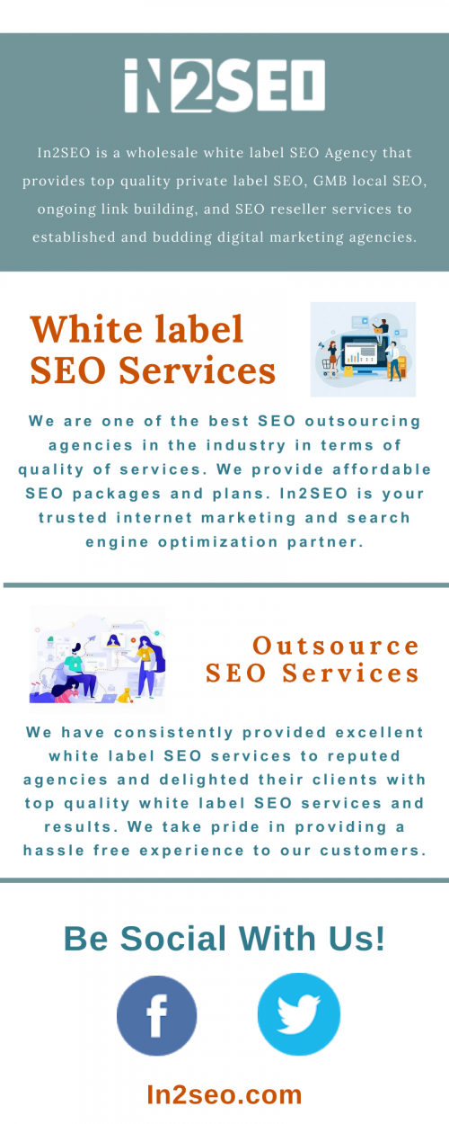 In2SEO is a wholesale white label SEO Agency that provides top quality private label SEO, GMB local SEO, ongoing link building, and SEO reseller services to established and budding digital marketing agencies. We are one of the best SEO outsourcing agencies in the industry in terms of quality of services. We provide affordable white label SEO packages and plans. In2SEO is your trusted internet marketing and search engine optimization partner. Contact In2SEO if you are looking for affordable internet marketing programs for your outsourcing company. Visit here : https://in2seo.com/