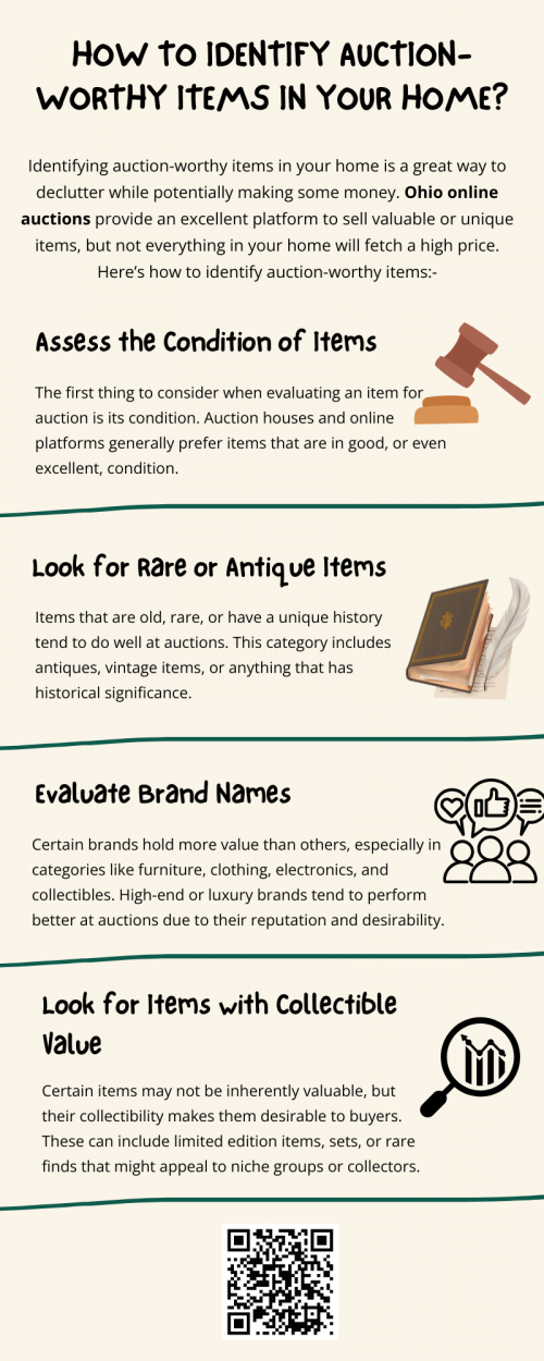 Identifying Ohio online auctions-worthy items in your home requires a bit of research, attention to detail, and an understanding of what buyers are looking for. Look for items in good condition, especially those with rarity, brand names, collectible value, or an interesting history. When in doubt, reach out to auction houses or appraisers to get professional opinions on the potential value of your items. To know more visit here https://www.wyethauctions.com/