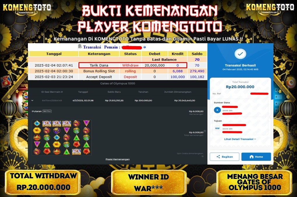 LAGI & LAGI!! KEMENANGAN BESAR DI SLOT  GATES OF OLYMPUS 1000  SEBESAR Rp.20.000.000 KOMENGTOTO BAYAR LUNAS SECEPAT KILAT !! KOMENGTOTO BAYAR SECEPAT KILAT !!