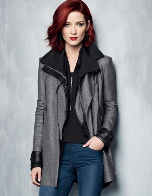 chyler leigh short black and red hair gray satin t shirt black long jacket blue jeans and high heel 