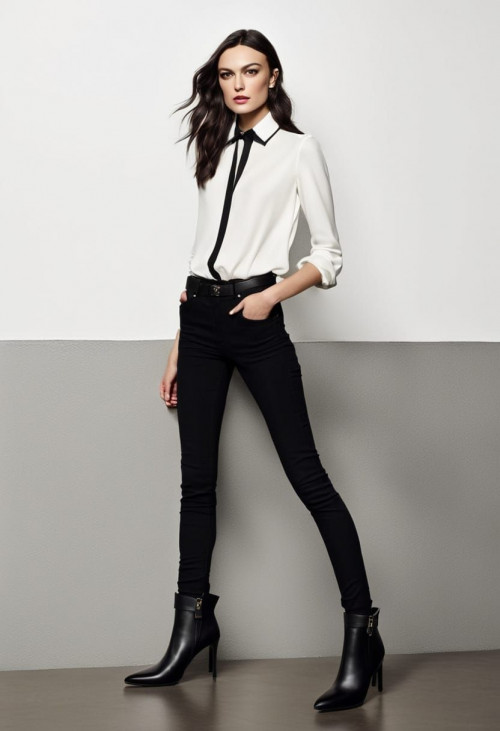 keira knightley long black hair white satin shirt black jeans and high heel black boots in an artdec