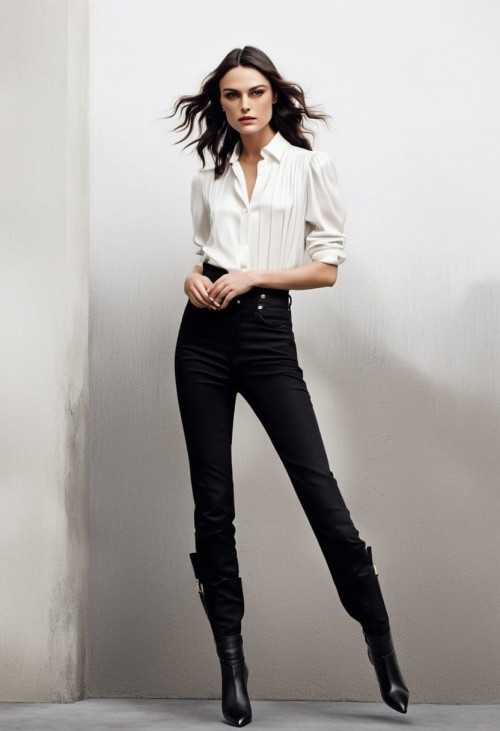 keira knightley long black hair white satin shirt black jeans and high heel black boots in an artdec