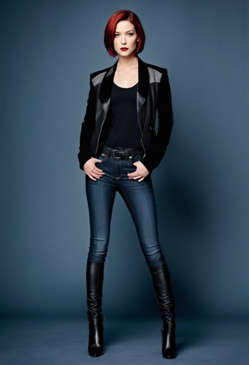 chyler leigh short black and red hair gray satin t shirt black long jacket blue jeans and high heel 