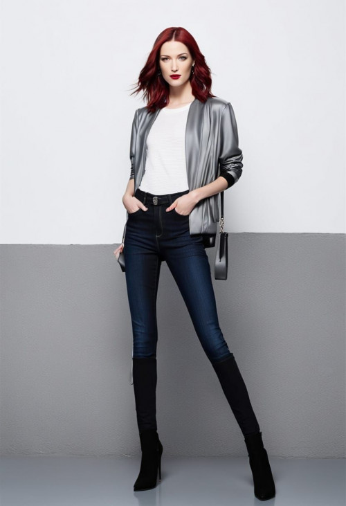 chyler leigh short black and red hair gray satin t shirt black long jacket blue jeans and high heel 