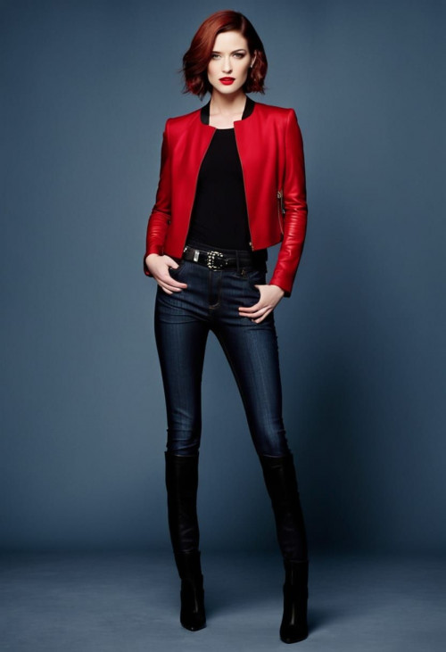 chyler leigh short black and red hair gray satin t shirt black long jacket blue jeans and high heel 