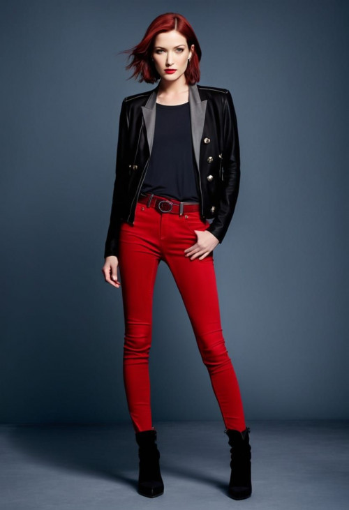 chyler leigh short black and red hair gray satin t shirt black long jacket blue jeans and high heel 