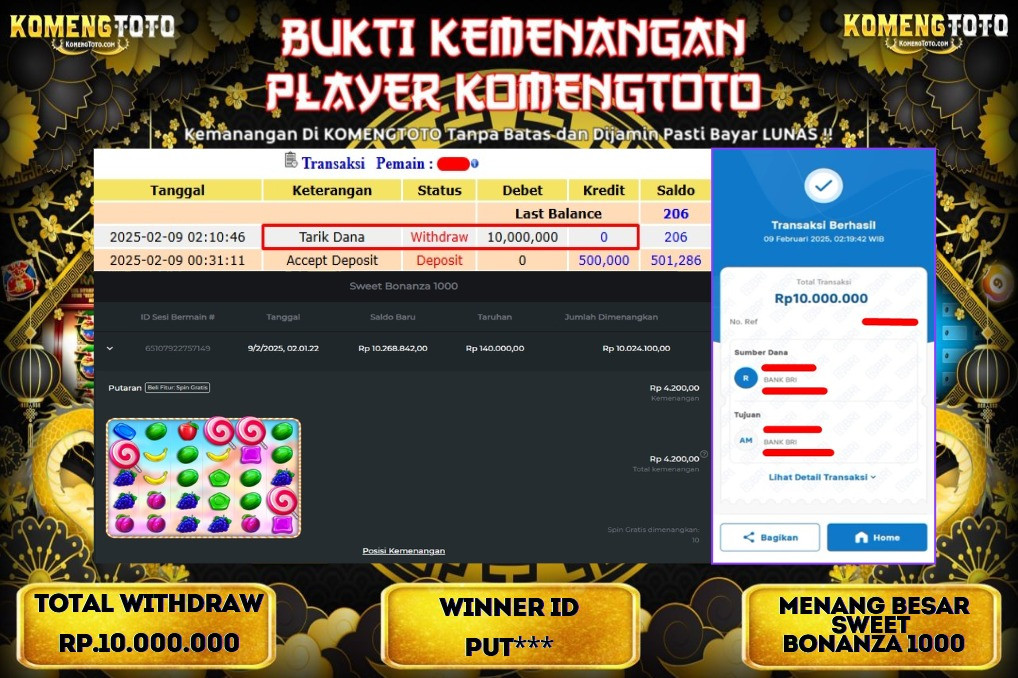 LAGI & LAGI!! KEMENANGAN BESAR DI SLOT  SWEET BONANZA 1000 SEBESAR Rp.10.000.000 KOMENGTOTO BAYAR LUNAS SECEPAT KILAT !! KOMENGTOTO BAYAR SECEPAT KILAT !!