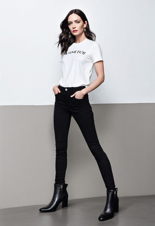 emily blunt long black hair white satin t shirt black jeans and high heel black boots in an artdeco 