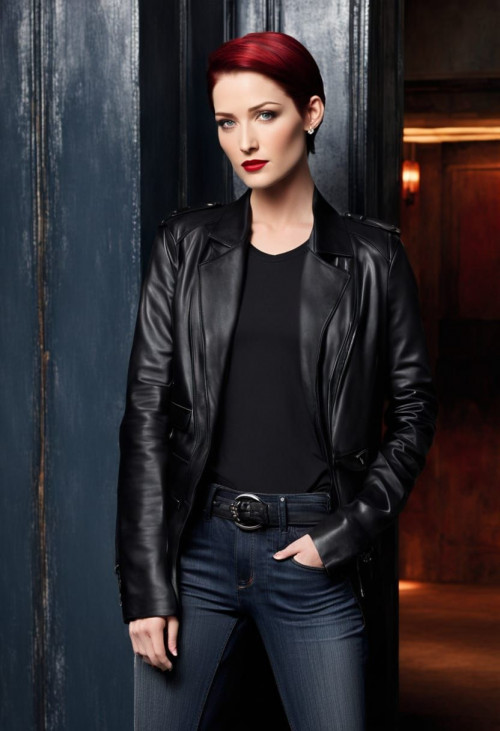 chyler leigh short black and red hair gray satin t shirt black long jacket blue jeans and high heel 