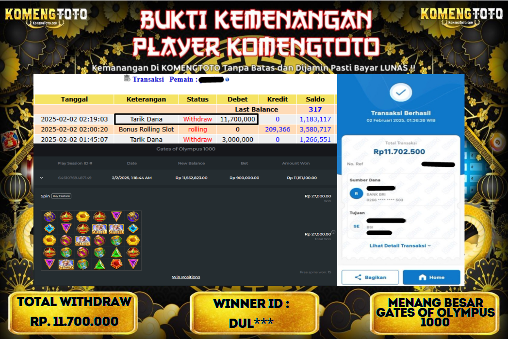 LAGI & LAGI!! KEMENANGAN BESAR DI SLOT  GATES OF OLYMPUS 1000  SEBESAR Rp.10.000.000 KOMENGTOTO BAYAR LUNAS SECEPAT KILAT !! KOMENGTOTO BAYAR SECEPAT KILAT !!