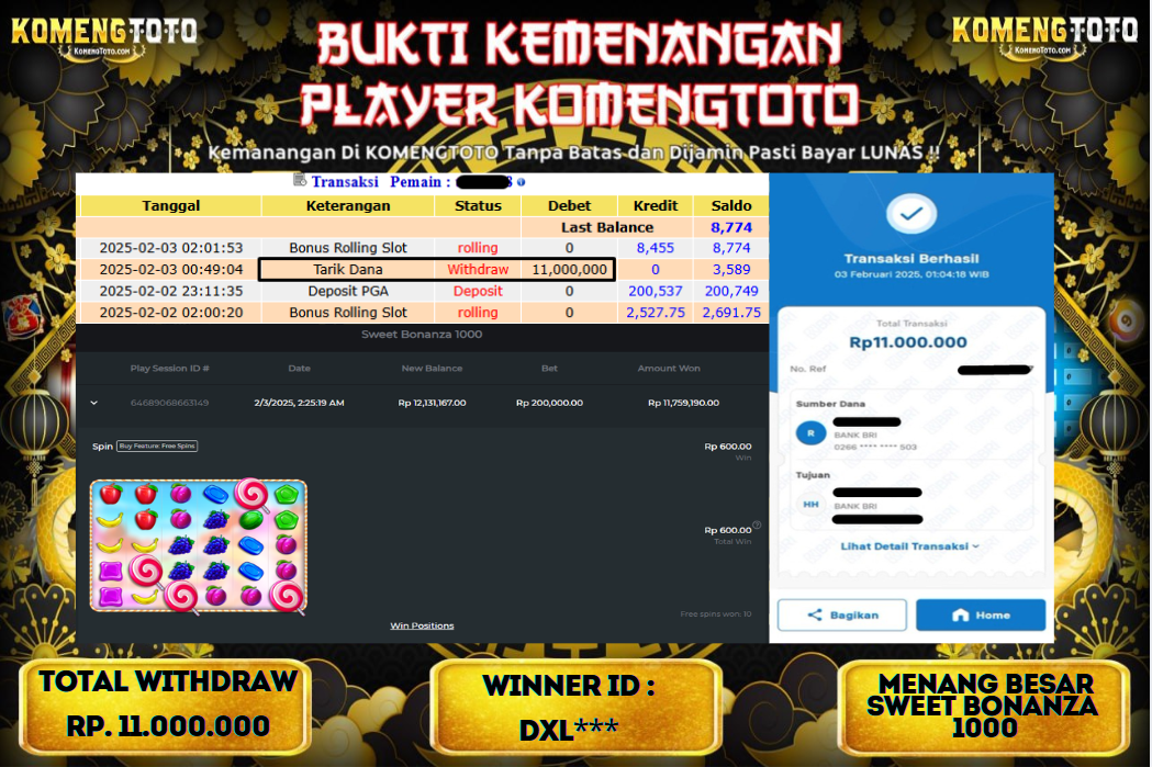 LAGI & LAGI!! KEMENANGAN BESAR DI SLOT  SWEET BONANZA 1000 SEBESAR Rp.11.000.000 KOMENGTOTO BAYAR LUNAS SECEPAT KILAT !! KOMENGTOTO BAYAR SECEPAT KILAT !!