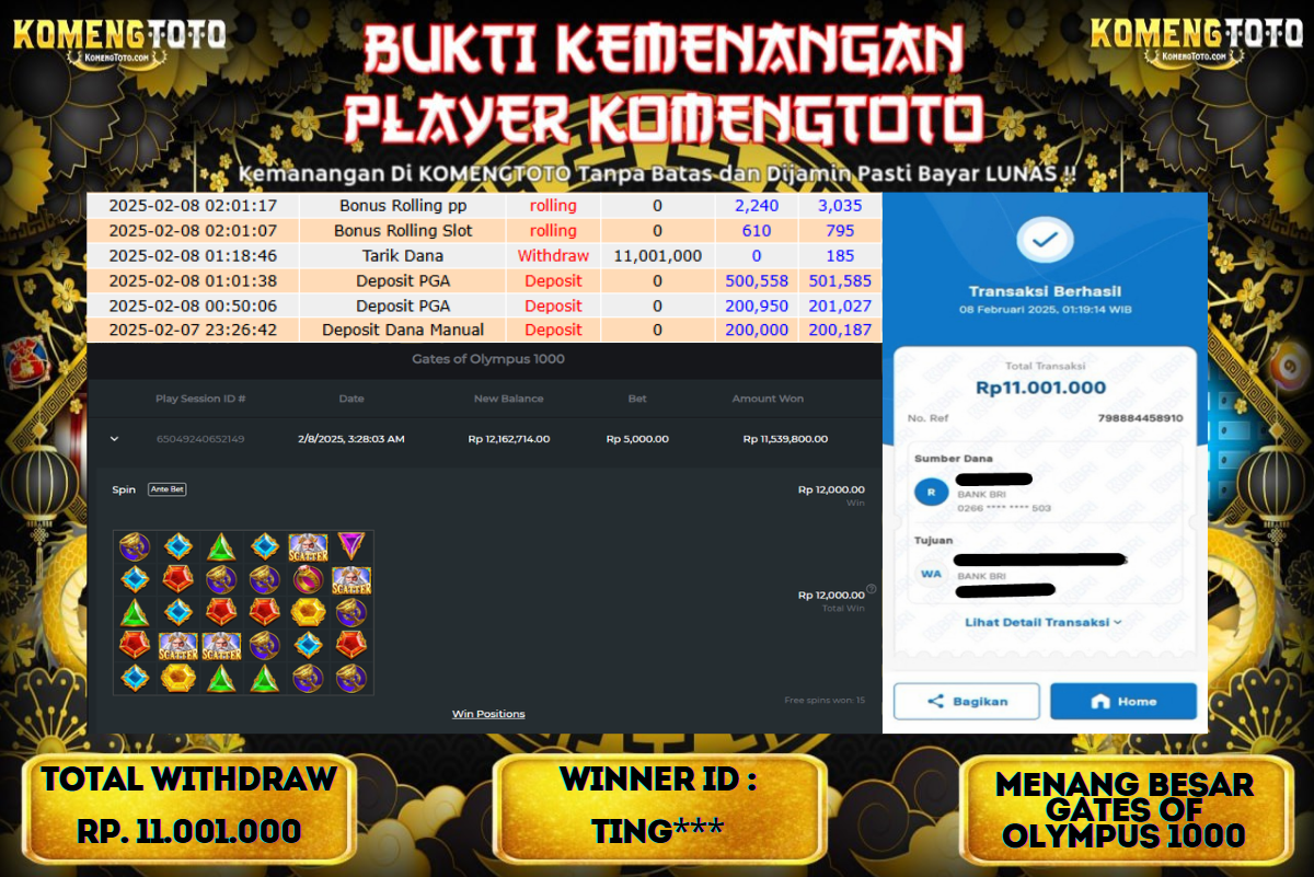 LAGI & LAGI!! KEMENANGAN BESAR DI SLOT  GATES OF OLYMPUS 1000  SEBESAR Rp.11.001.000 KOMENGTOTO BAYAR LUNAS SECEPAT KILAT !! KOMENGTOTO BAYAR SECEPAT KILAT !!