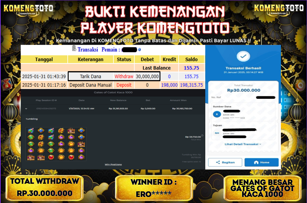 LAGI & LAGI!! KEMENANGAN BESAR DI SLOT  GATES OF GATOT KACA 1000  SEBESAR Rp.30.000.000 KOMENGTOTO BAYAR LUNAS SECEPAT KILAT !! KOMENGTOTO BAYAR SECEPAT KILAT !!
