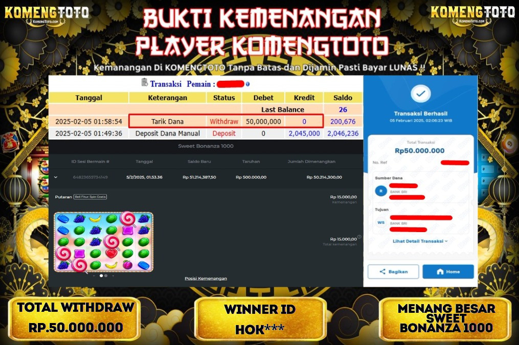 LAGI & LAGI!! KEMENANGAN BESAR DI SLOT  SWEET BONANZA 1000 SEBESAR Rp.50.000.000 KOMENGTOTO BAYAR LUNAS SECEPAT KILAT !! KOMENGTOTO BAYAR SECEPAT KILAT !!