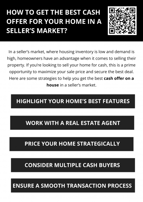Getting the best cash offer on a house in a seller’s market requires strategic pricing, effective marketing, and the ability to create competition among buyers. By making your home appealing, working with an experienced real estate agent, and being flexible with the process, you can maximize your chances of receiving top-dollar cash offers. To know more visit here https://www.904homebuyer.com/
