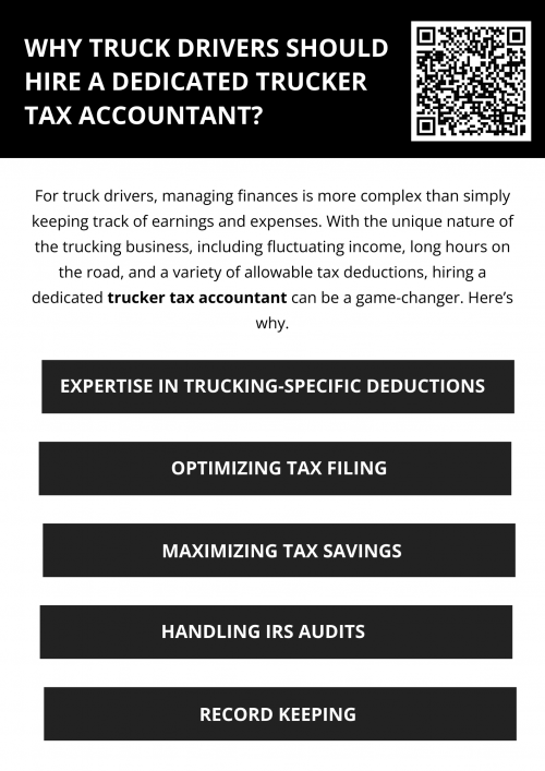 Hiring a dedicated trucker tax accountant is a wise decision for any truck driver. From maximizing deductions and ensuring tax compliance to providing long-term financial planning, their expertise helps truckers save time, money, and stress. With a professional managing your taxes, you can focus on building your business while leaving the complexities of tax season to the experts. To know more visit here https://www.truckersprocpa.ca/trucking-accounting-services