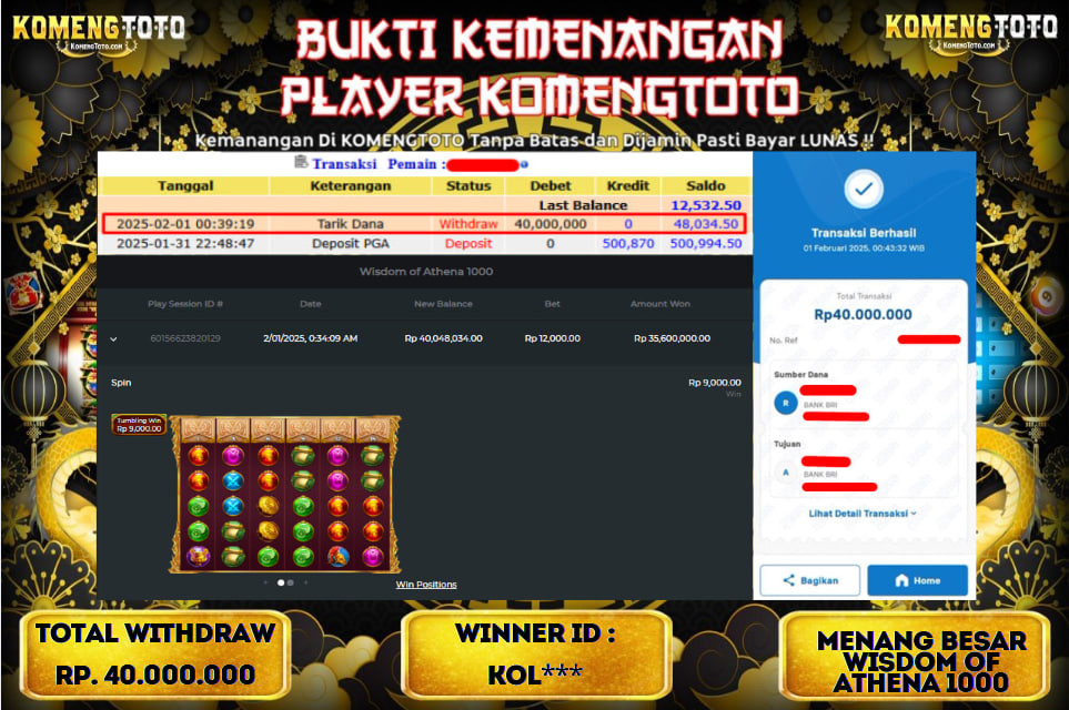 LAGI & LAGI!! KEMENANGAN BESAR DI SLOT WISDOM OF ATHENA 1000  SEBESAR Rp.40.000.000 KOMENGTOTO BAYAR LUNAS SECEPAT KILAT !! KOMENGTOTO BAYAR SECEPAT KILAT !!