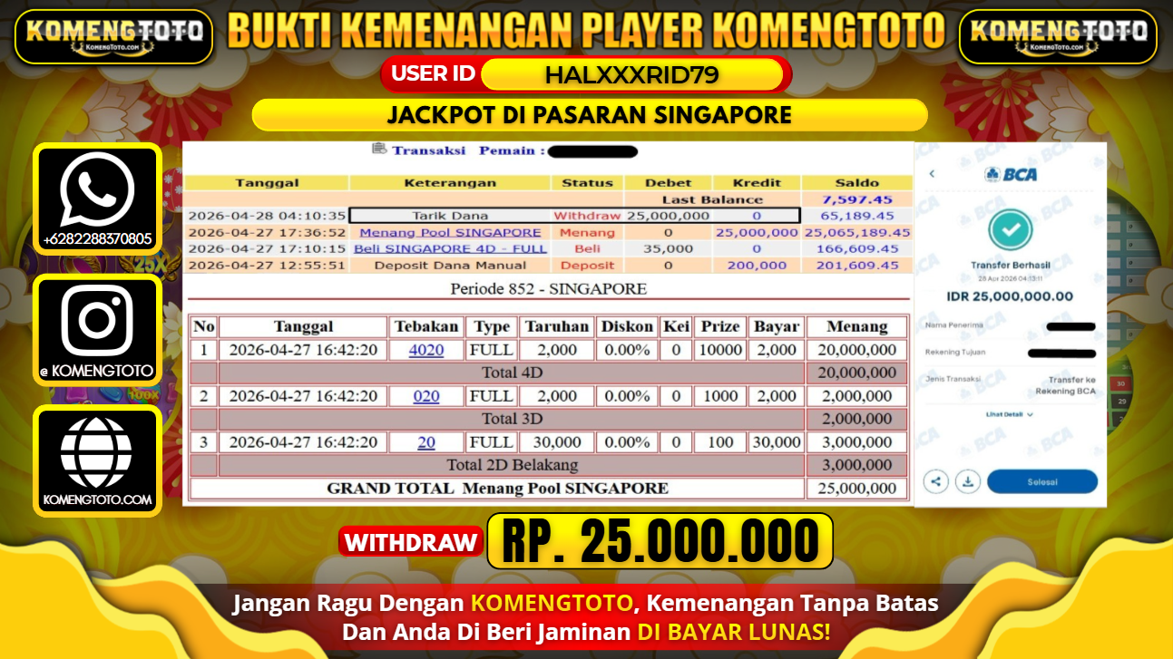 LAGI & LAGI!! KEMENANGAN BESAR DI PASARAN SINGAPORE SEBESAR Rp.25.000.000 KOMENGTOTO BAYAR LUNAS SECEPAT KILAT !! KOMENGTOTO BAYAR SECEPAT KILAT !!