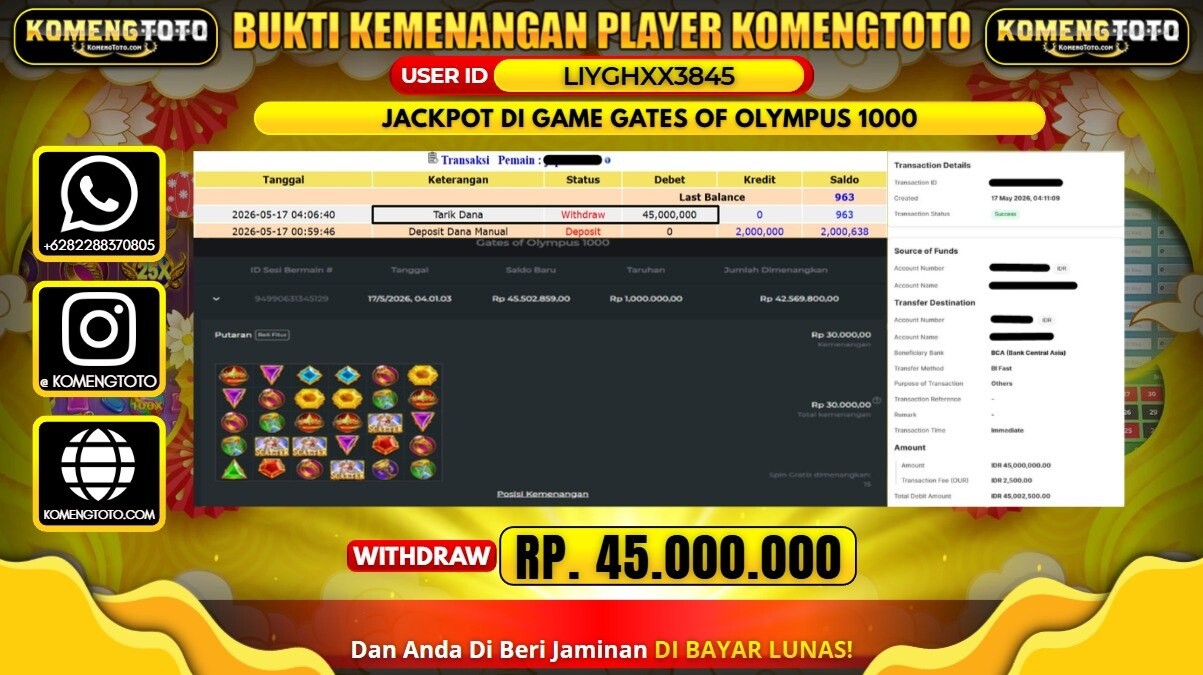 LAGI & LAGI!! KEMENANGAN BESAR DI SLOT GATES OF OLYMPUS 1000 SEBESAR Rp.45.000.000 KOMENGTOTO BAYAR LUNAS SECEPAT KILAT !! KOMENGTOTO BAYAR SECEPAT KILAT !!