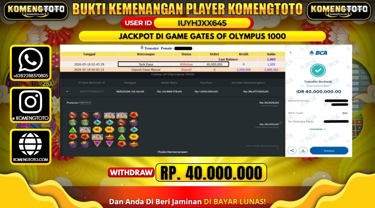 LAGI & LAGI!! KEMENANGAN BESAR DI SLOT GATES OF OLYMPUS 1000 SEBESAR Rp.40.000.000 KOMENGTOTO BAYAR LUNAS SECEPAT KILAT !! KOMENGTOTO BAYAR SECEPAT KILAT !!
