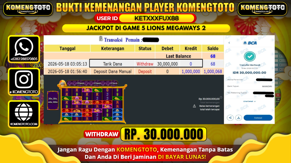 LAGI & LAGI!! KEMENANGAN BESAR DI SLOT GAME 5 LIONS MEGAWAYS 2 SEBESAR Rp.30.000.000 KOMENGTOTO BAYAR LUNAS SECEPAT KILAT !! KOMENGTOTO BAYAR SECEPAT KILAT !!