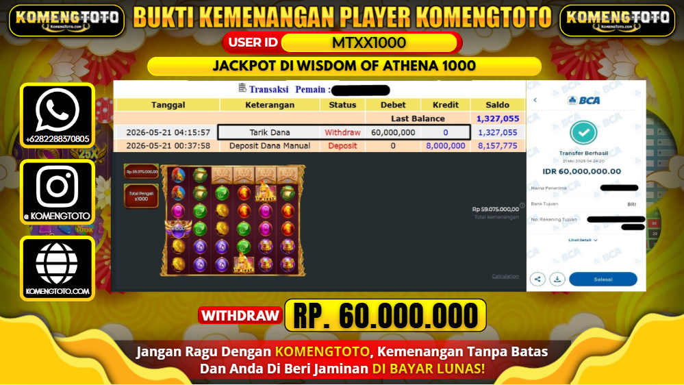 LAGI & LAGI!! KEMENANGAN BESAR DI SLOT WISDOM OF ATHENA 1000  SEBESAR Rp.20.000.000 KOMENGTOTO BAYAR LUNAS SECEPAT KILAT !! KOMENGTOTO BAYAR SECEPAT KILAT !!