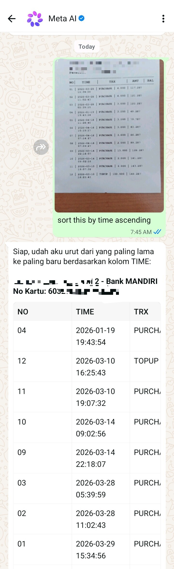 hasil OCR dan sort struk e-money di meta.ai