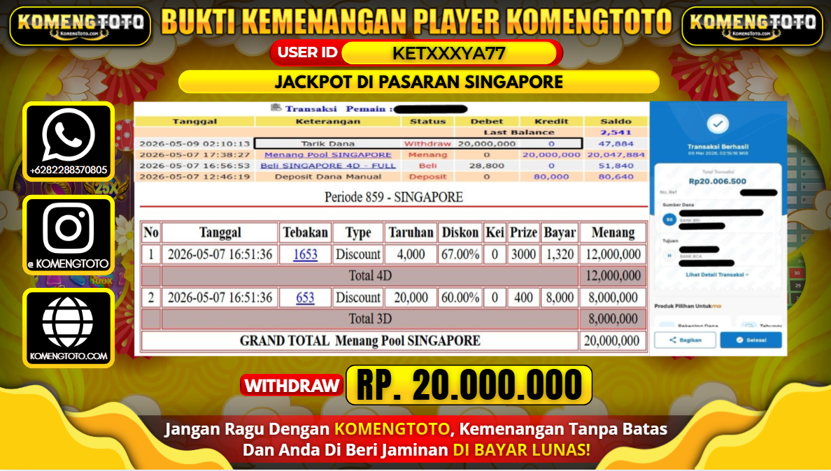 LAGI & LAGI!! KEMENANGAN BESAR DI PASARAN SINGAPORE SEBESAR Rp.20.000.000 KOMENGTOTO BAYAR LUNAS SECEPAT KILAT !! KOMENGTOTO BAYAR SECEPAT KILAT !!