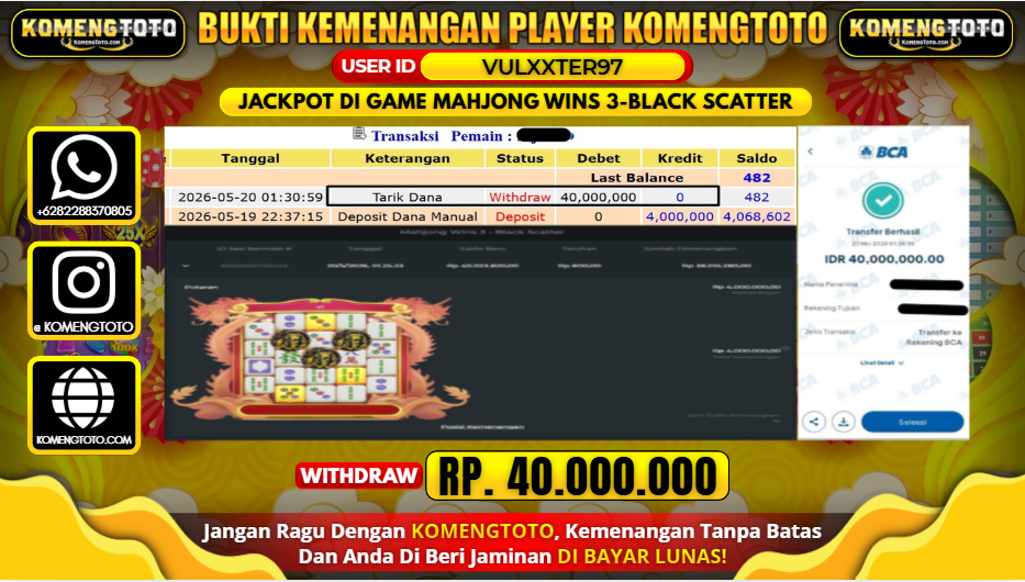 LAGI & LAGI!! KEMENANGAN BESAR DI SLOT MAHJONG WINS 3-BLACK SCATTER  SEBESAR Rp.40.000.000 KOMENGTOTO BAYAR LUNAS SECEPAT KILAT !! KOMENGTOTO BAYAR SECEPAT KILAT !!