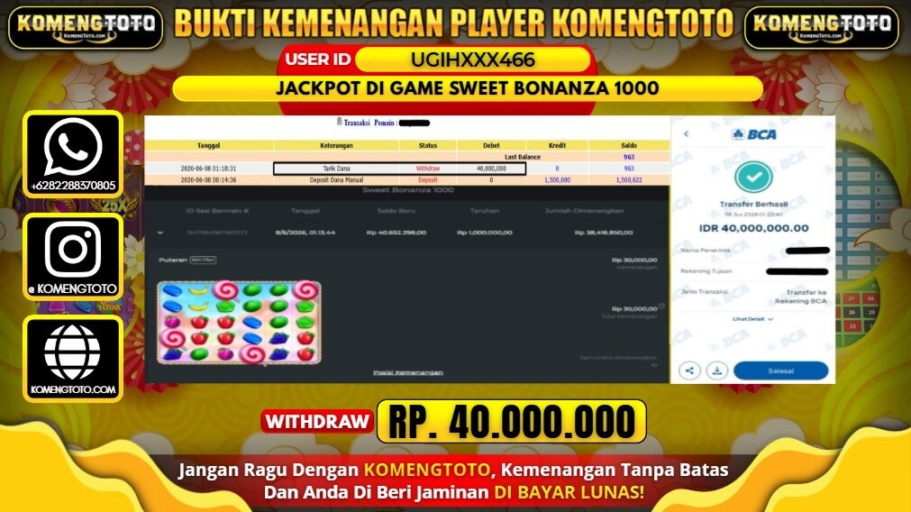 LAGI & LAGI!! KEMENANGAN BESAR DI SLOT SWEET BONANZA 1000   SEBESAR Rp.40.000.000 KOMENGTOTO BAYAR LUNAS SECEPAT KILAT !! KOMENGTOTO BAYAR SECEPAT KILAT !!