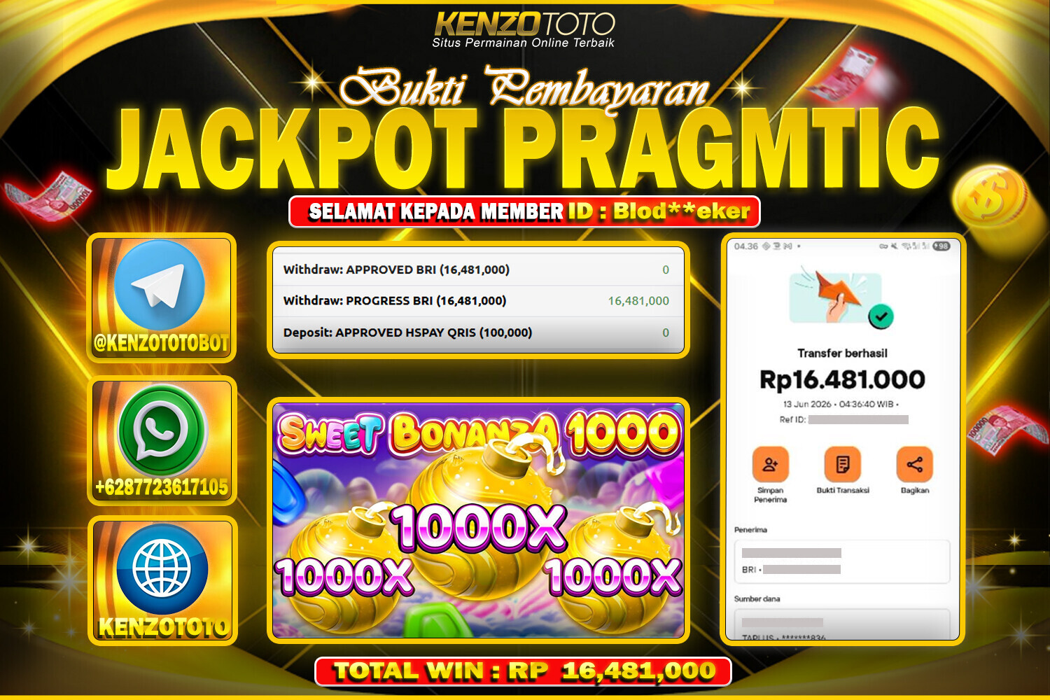KENZOTOTO JACKPOT SWEET BONANZA 1000 Rp.16,481,000 LUNAS