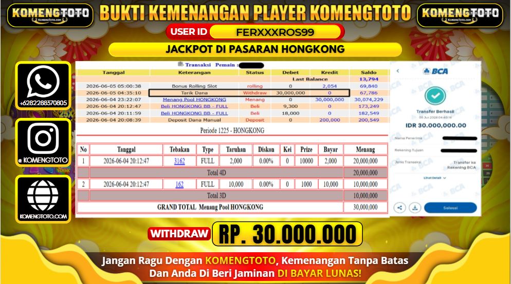 LAGI & LAGI!! KEMENANGAN BESAR DI PASARAN HONGKONG SEBESAR Rp.30.000.000 KOMENGTOTO BAYAR LUNAS SECEPAT KILAT !! KOMENGTOTO BAYAR SECEPAT KILAT !!